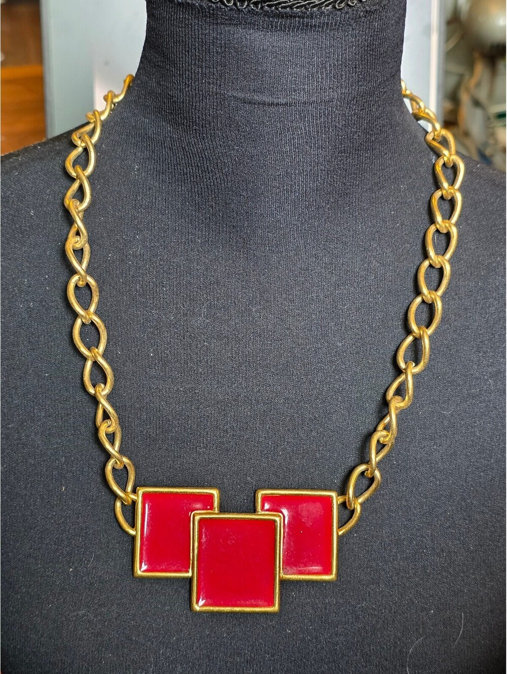 Vintage Monet Red Enamel & Gold-Tone Geometric Block Statement Necklace 24"